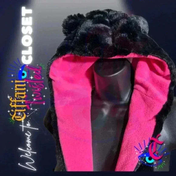 Black Faux Fur Teddy Bear Hood with Pink Paw Scarf Combo - Super Cute! - Picture 3 of 5